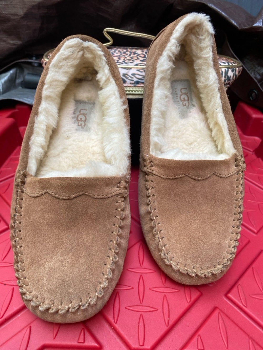 UGG Chestnut Suede Shearling-Lined Moccasin Slippers